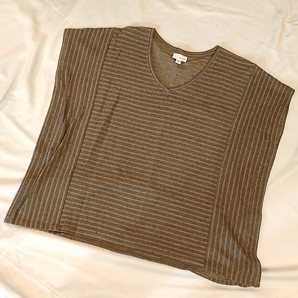 Pure Jill Striped V-Neck Tunic Top in Taupe/tan, M 100% cotton